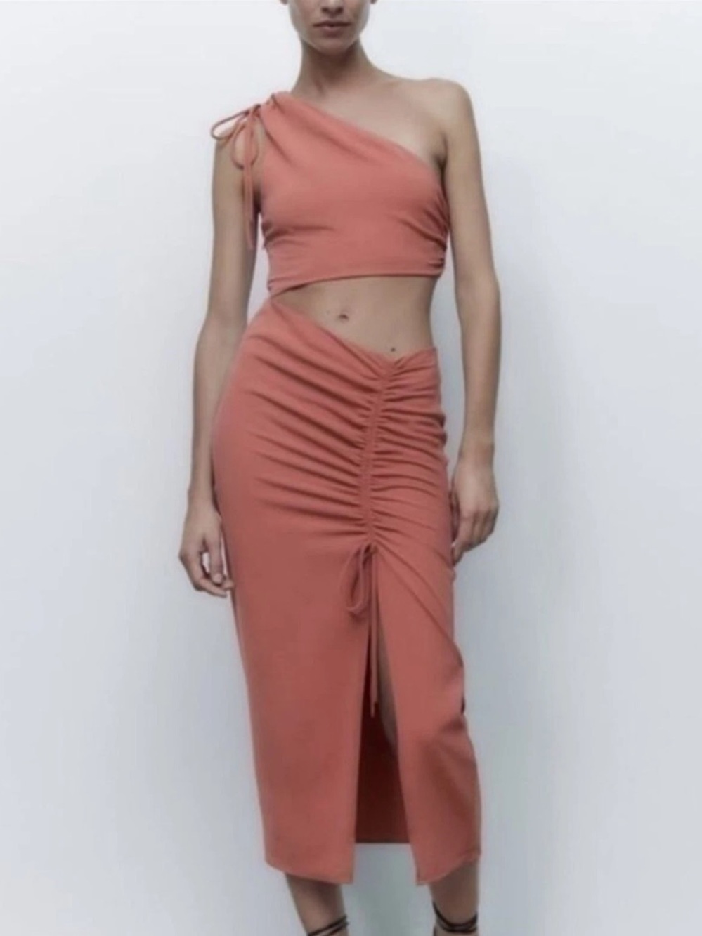 Zara One-Shoulder Ruched Midi Skirt in Terracotta